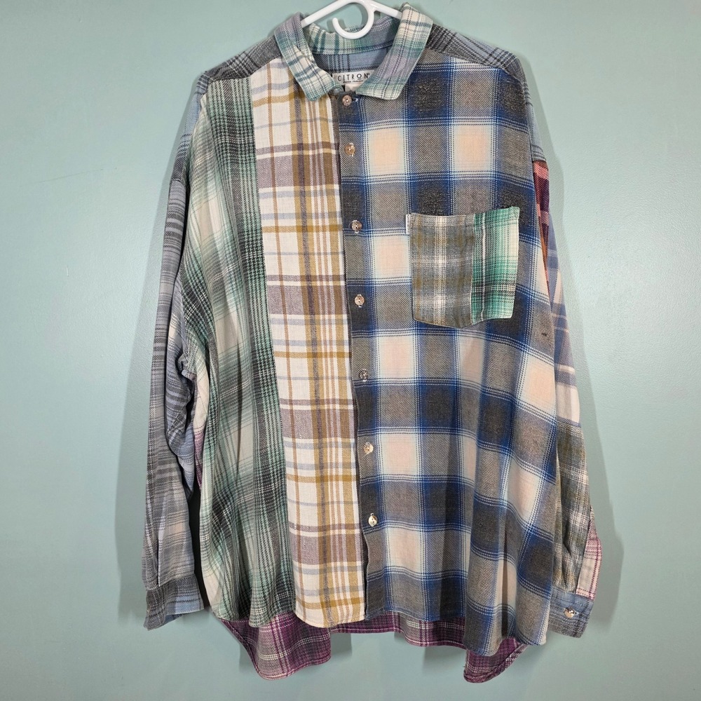 Citron Santa Monica Mens XL Patchwork Flannel Shirt Plaid Multi Color Block USA